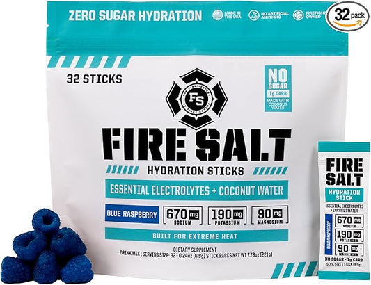 Fire Science Fire Salt Hydration Sticks, Electrolytes & Coconut Water, Hydration Drink Mix with Magnesium, Potassium & Sodium, Zero Sugar, Single Serve On the Go Packs, Blue Raspberry Flavor, 32 Count