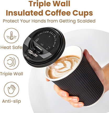 Fit Meal Prep 50 Pack 12 oz Black Disposable Coffee Cups with Lids & Stirrers, Corrugated Triple Wall To Go Hot Cups, Insulated Paper Coffee Cups for Hot Beverages, Travel, Home, Office (Black Lids)