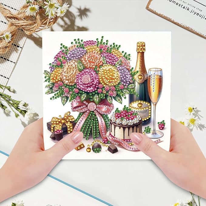 6pcs DIY Flowers Cake Diamond Art Painting Greeting Cards Kit, Rhinestone Art Holiday Birthday Card Set with Envelopes, DIY Festival Craft for Girlfriend, Christmas Valentine Gift Making Supplies