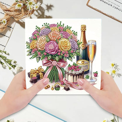 6pcs DIY Flowers Cake Diamond Art Painting Greeting Cards Kit, Rhinestone Art Holiday Birthday Card Set with Envelopes, DIY Festival Craft for Girlfriend, Christmas Valentine Gift Making Supplies