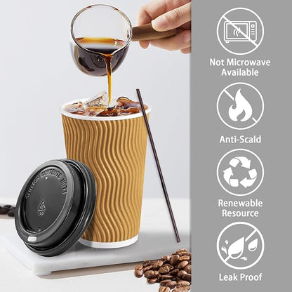 Lamosi 16 oz Disposable Coffee Cups with Lids, 50 Pack Insulated Hot Cups To Go Paper Coffee Cups with Lids and Straws, Corrugated Ripple Wall Cup for Hot Drink, Office, Coffee Bar (Champagne)