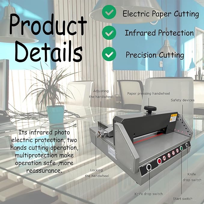 A4 Desktop Electric Paper Cutter 1.57in Cutting Thickness 13in Width Paper Trimmer with Infrared Protection for Office, School, Printing Plant