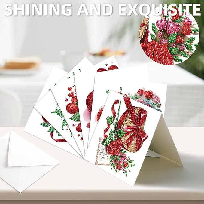 jinglinhh 12pcs Valentine's Day Diamond Art Painting Rose Flower Love Heart Cake Greeting Cards with Envelopes, DIY Card Making Kits for Adults, Diamond Art Holiday Birthday Cards Craft Gifts