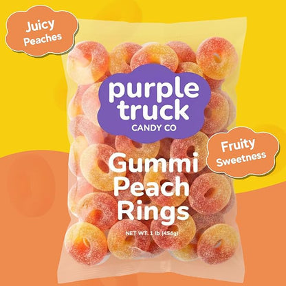 Purple Truck Candy Co. Peach Rings - Soft Chewy Gummy Candy with Delicious Peach Flavor - Allergen-Free Fruit Gummies - Perfect for Parties, Gift Baskets, Candy Buffets, Snacking & Sharing - 1 lb Bag