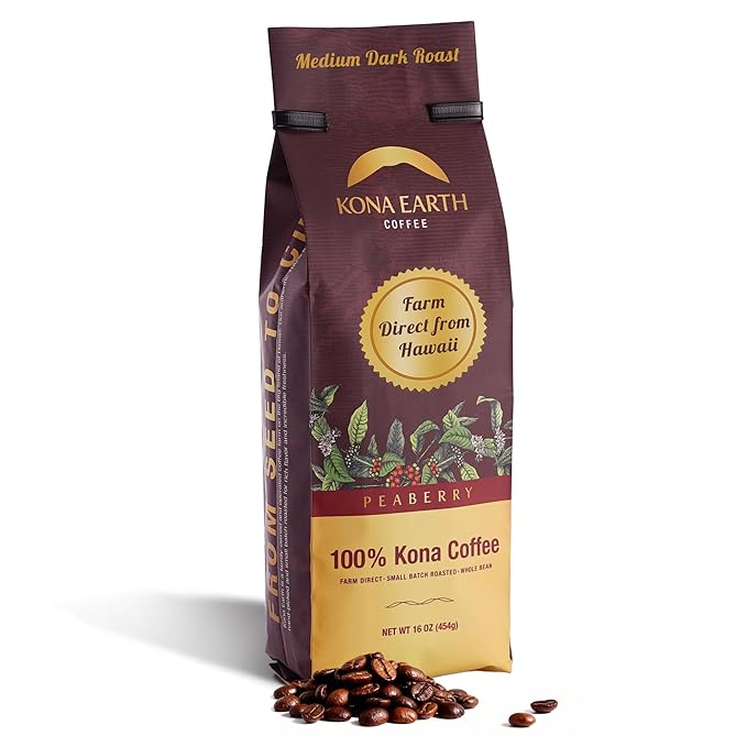 KONA EARTH 100% Kona Peaberry Coffee, Medium Dark Roast, Whole Bean, 1 lb (16oz) Farm-Direct Authentic Hawaiian Kona Coffee beans from Hawaii’s Big Island, Micro-Batch-Roasted