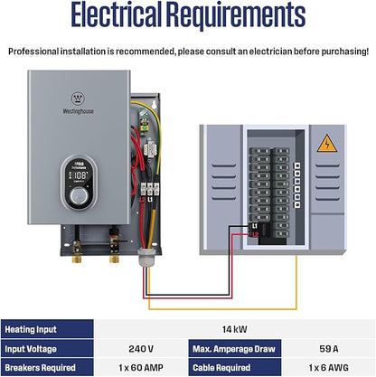 Westinghouse 14kW 240V Smart WiFi Tankless Water Heater Electric, Compatible with Alexa & Google Home, ETL Certified, IPX4, Gray - Upgrade (APOLO-2.0)