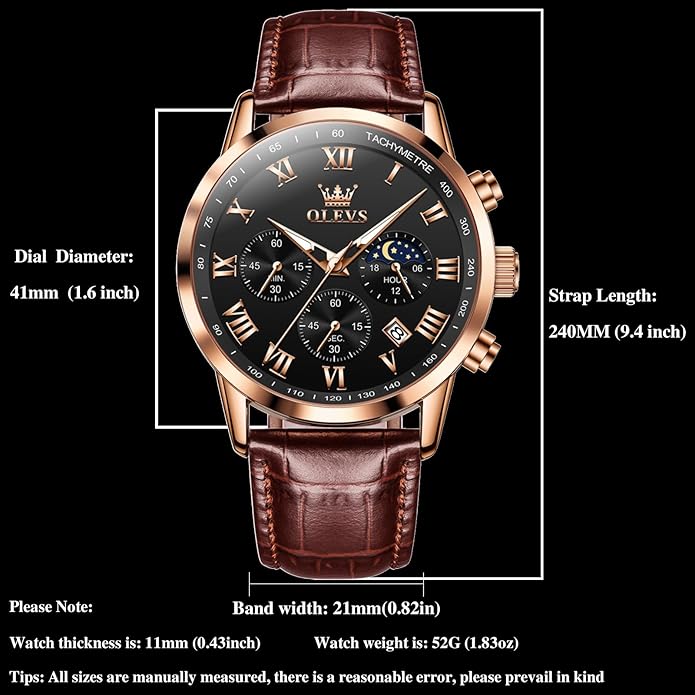 OLEVS Men's Leather Analog Quartz Watch - Luxury Chronograph Wristwatch With Date, Waterproof, Luminous - Dress Style