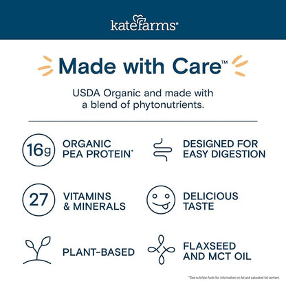 KATE FARMS Organic Nutrition Shake, Strawberry, 16g of Protein, 27 Vitamins and Minerals, Meal Replacement, Protein Shake, 11 Fl oz (6 Pack)