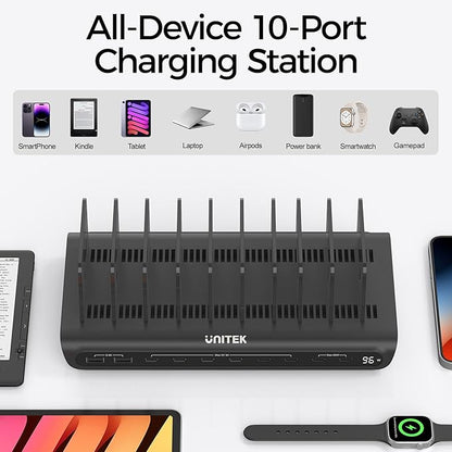 UNITEK 10-Port USB C Charging Station 96W with 2X 65W PD, [2A+8C] Laptop Charging Station for Multiple Devices, Fast Charger Dock for Home Office