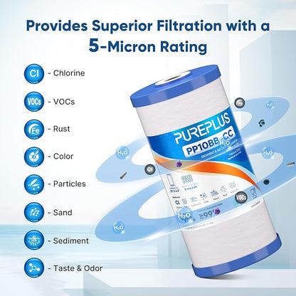 PUREPLUS 5 Micron 10" x 4.5" Whole House FXHTC Sediment and Carbon Water Filter Replacement Cartridge for GXWH40L, GXWH35F, GNWH38S, RFC-BBSA, WRC25HD, PP10BB-CC, RFC-BB, WFHD13001, 4Pack
