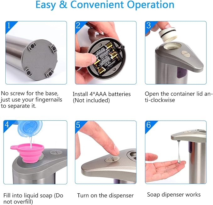Infrared Automatic Soap Dispenser, Stainless Steel Handfree Touchless Soap Dispenser Sensor Dispenser for Bathroom Kitchen Hotel Restaurant. 4 AAA Batteries (NOT Included)