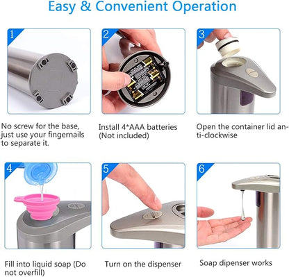 Infrared Automatic Soap Dispenser, Stainless Steel Touchless Soap Dispenser Automatic Dispenser with Waterproof Base for Bathroom Kitchen Hotel