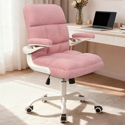 Office Chair with Wheels, Ergonomic Computer Desk Chair with Flip-up Armrest, Adjustable Rolling Swivel Chair Teddy Fleece – Dusty Pink