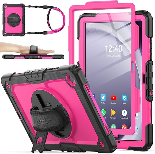 SEYMAC stock Case for Samsung Galaxy Tab A9+ Plus 11'', Full-Body Drop Protection Case with Screen Protector Pencil Holder [360° Rotating Hand Strap] &Stand, Pink+Black