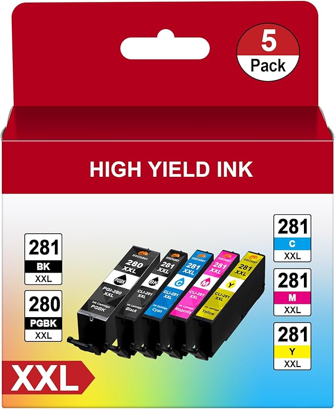 Compatible for Canon 281 Ink Cartridges PGI-280XXL CLI-281XXL Replacement for Canon TR8620a Ink Cartridges Works with TR8620a TR8520 TS6320 TR8620 TS9120 TS702a TS9520a TS9521Ca (5 Pcak)