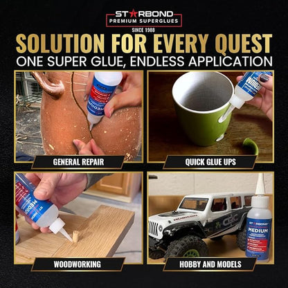 Starbond Medium Super Glue Pro Kit (2 oz) – Strong, Fast-Bonding CA Glue (Cyanoacrylate Adhesive) – with Clog-Resistant Cap, Microtips & Extra Nozzle for Quick Fixes, Woodworking, Hobby Models