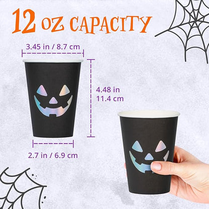Halloween Disposable Paper Party Cups, Bulk 50 Pack, Leak-Resistant, 12 oz Hot and Cold Cups for Restaurants and Parties, Jack-O-Lantern, Black & Silver