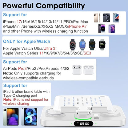 6 in 1 Wireless Charger for Apple Multiple Devices, Charging Station with Clock &7 Color Ambient Light, Foldable Rotate Stand for iPad, for iPhone17/16/15, Support for Apple Watch11/10 For AirPods4
