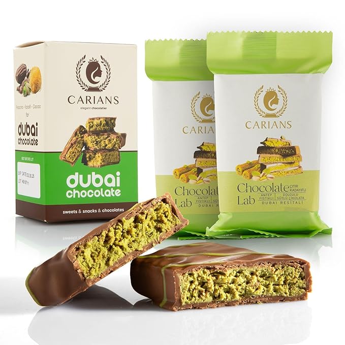 CARIANS Dubai Chocolate Bar with Pistachio, 2 Pack Luxury Chocolate with Crispy Kunafa, Great for Gift Giving, Anniversary, Thanksgiving, Christmas, 6.35 oz