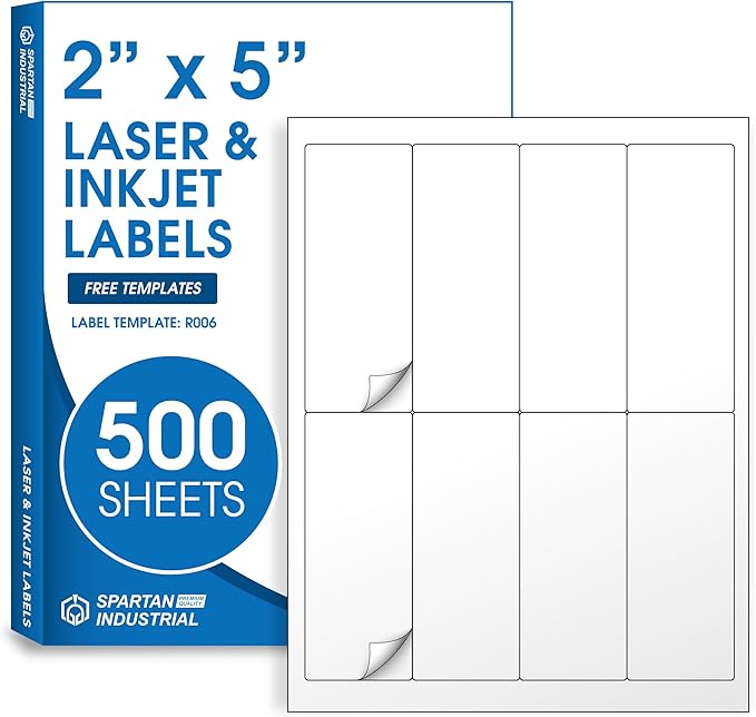 2" X 5" Matte White Shipping Labels Compatible with Inkjet and Laser Printers - 500 Sheets, 4000 Printable Paper Stickers for Mailing, Packages, Addresses - Spartan Industrial Template R006