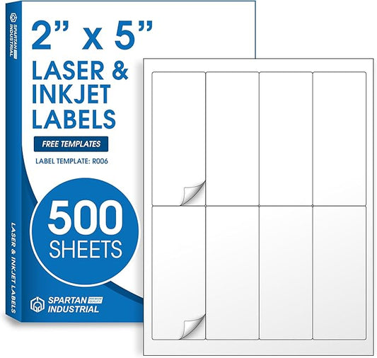 2" X 5" Matte White Shipping Labels Compatible with Inkjet and Laser Printers - 500 Sheets, 4000 Printable Paper Stickers for Mailing, Packages, Addresses - Spartan Industrial Template R006