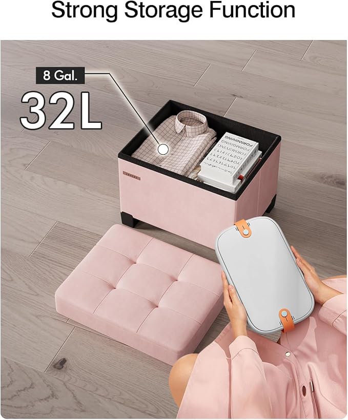 Cube Storage Ottoman, Velvet Foot Stool with Feet, Folding Storage Bench, End of Bed Bench, Storage Chest, for Living Room, Bedroom, 12.6 x 15.8 x 13.2 Inches, Jelly Pink, ASND21P