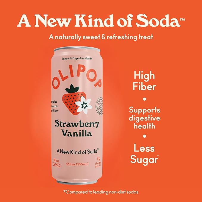 OLIPOP Prebiotic Soda Pop, Strawberry Vanilla, Pantry Pack Packed with Prebiotics, Fiber, and Botanicals, Gluten Free, Vegan, GMO Free, 12oz Skinny (12-Cans)
