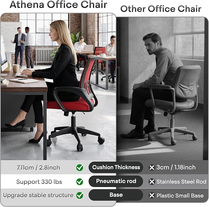 Athena Collection Office Chair - 330Lbs, 2 Packs Breathable Mesh Desk Chair Thickness Cushion with Lumbar Support & Armrest, Rolling Swivel Adjustable Tilt Lock for Home Office/Gaming, Bedroom Study