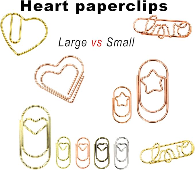 50 Pcs Large Heart Paper Clips Fancy Paperclips Smooth Finish Jumbo Wide Clips for Paper Non Skid, Funny Stainless Steel Cute Paper Clips Shapes Office Supplies (Gold)