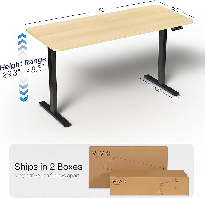 VIVO Electric 60 x 24 in Standing Desk, Memory Height Adjustment, 1B Series, One-Piece Light Wood Top, Black Frame, DESK-KIT-1B6C
