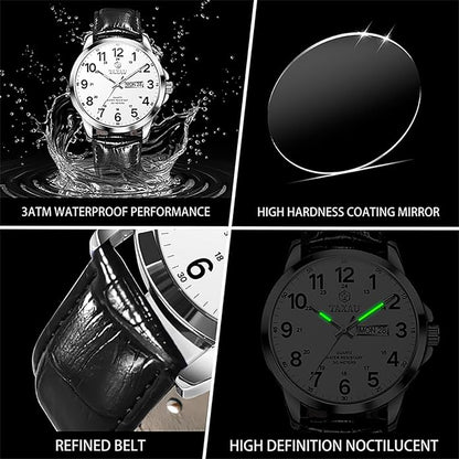 Watches for Men Leather Large Arabic Numerals Mens Watches Waterproof Band with Date Quartz Men's Wrist Watch