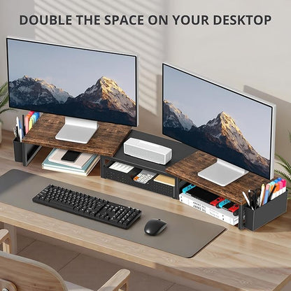 OPNICE Desk Dual Monitor Stand Riser - Desk Organizer with Drawer and Pen Holders, Office Desk Accessories & Workspace Organization, Computer Monitor Stand for Laptop, Printer, TV, Office Decor, Wood