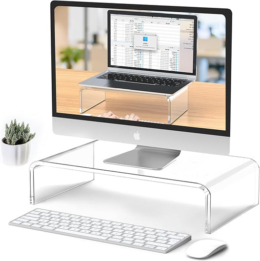Acrylic Monitor & Laptop Stand Riser - Clear Computer & Laptop Stand for Desk - Compatible with iMac, MacBook & All Notebooks - White Aesthetic Decoration for Office & Home