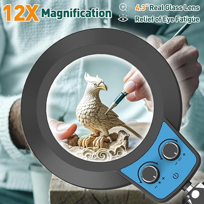 10X Magnifying Glass with Light and Stand, Upgraded Any Color Modes & Stepless Dimming Magnifying Lamp, 2-in-1 Hands Free LED Lighted Magnifier Desk Lamp for Craft Sewing Close Work-Blue Label