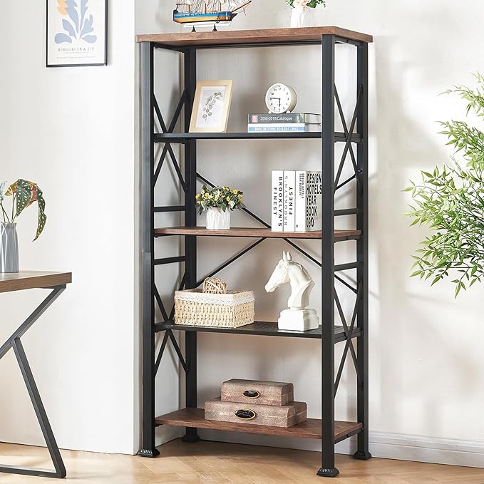 HOMBAZAAR 5 Tier Bookshelf, Tall Book Shelf with Metal Frame and Open Shelves, Rustic Bookshelves and Bookcases, Heavy Duty Bookcase for Living Room, Bedroom and Home Office, Brown