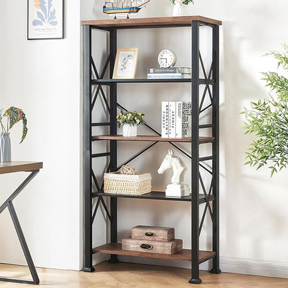 HOMBAZAAR 5 Tier Bookshelf, Tall Book Shelf with Metal Frame and Open Shelves, Rustic Bookshelves and Bookcases, Heavy Duty Bookcase for Living Room, Bedroom and Home Office, Brown