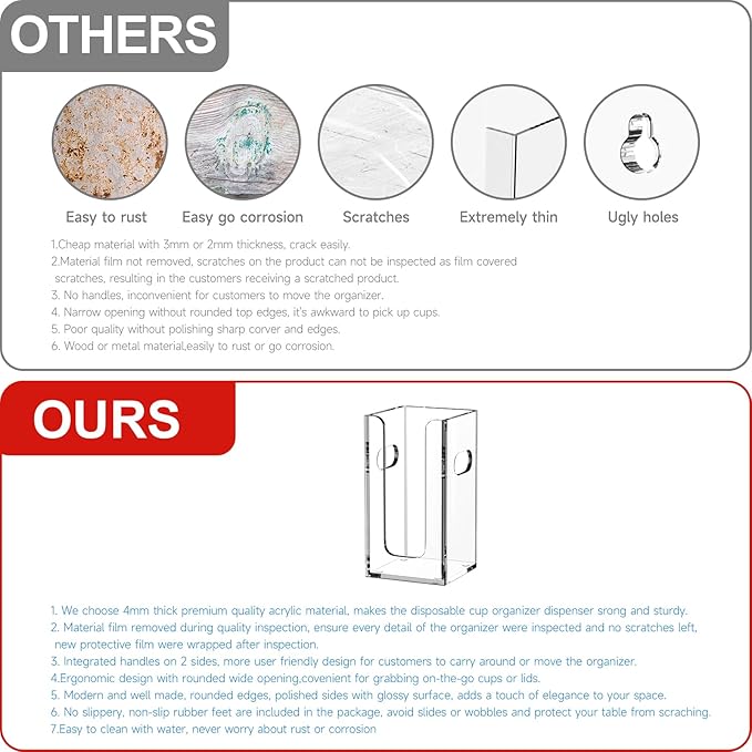 WINFFOR Disposable Cup Organizer Dispenser - Clear Acrylic Cup and Lid Holder with Handles Plastic Cup Dispenser Countertop Paper Coffee Cup Holder for Coffee Bar House Party Essentials