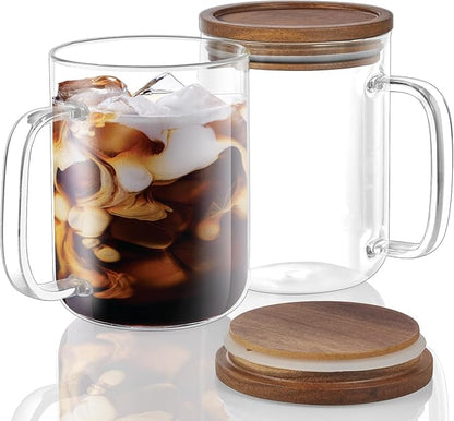 DRASTAR Glass Coffee Cups,12 oz Clear Coffee Mugs with Acacia Wood Lid,Flat Bottomed Coffee Mug with Handles,Tea Cup Set of 2