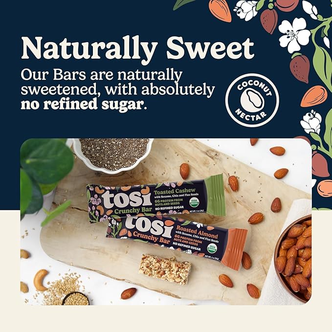 Tosi Variety Pack Protein Bars, Plant Based with Nuts, Gluten-Free Crunchy Snacks, Vegan, Organic, Flax & Chia Seeds, Soy-Free, Omega 3s, 5G-20G Protein, 1 oz and 2.4 oz, 8-Pack
