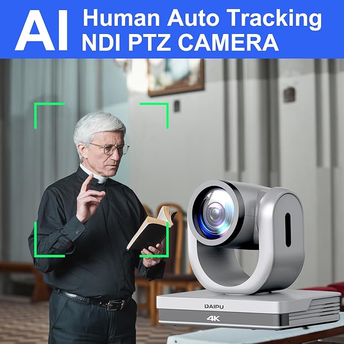 NDI PTZ Camera 4K, 1/2.8" 8.29MP CMOS Sensor, HDMI USB3.0 LAN PoE, 12X Optical+16X Digital Zoom, AI Auto Tracking, 255 Presets, NDI HX2 Certified, for Church Worship Live Streaming Conference Room
