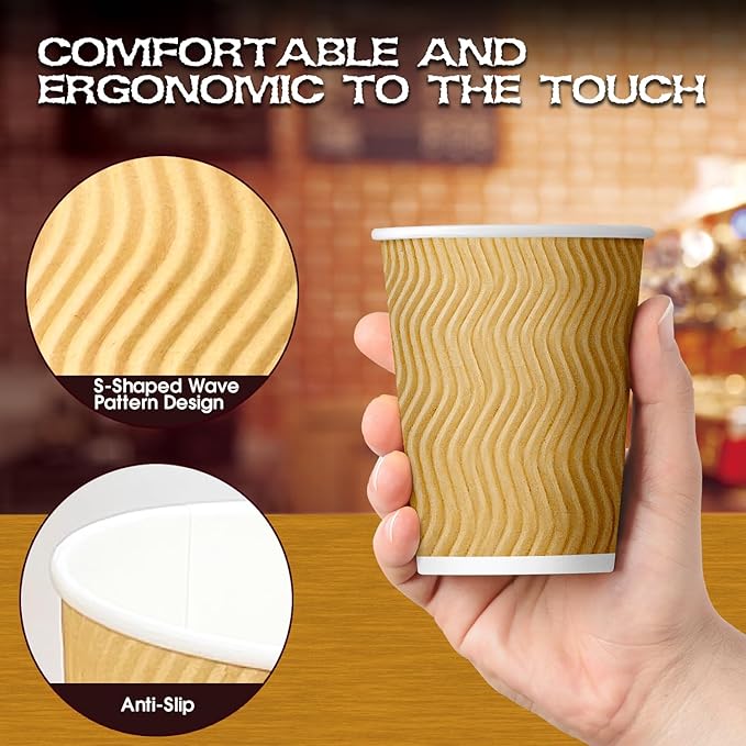 Ginkgo 150 Pack Hot Paper Cups 12 oz Insulated Disposable Corrugated Coffee Cups Ripple Wall Beverage Cups