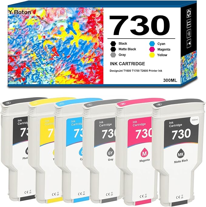 730 Ink Cartridges P2V68A P2V69A P2V70A P2V71A P2V72A P2V73A Replacement for HP 730 Ink Cartridge for DesignJet T1600 T1700 T2600 Printer Ink (6-Pack 300ml)
