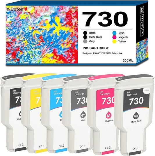 730 Ink Cartridges P2V68A P2V69A P2V70A P2V71A P2V72A P2V73A Replacement for HP 730 Ink Cartridge for DesignJet T1600 T1700 T2600 Printer Ink (6-Pack 300ml)