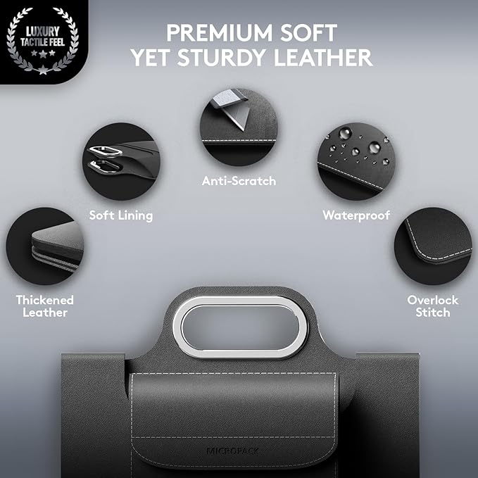 MicroPack Laptop Sleeve with Wireless Charging, Built-in Detachable Accessory Organizer and Metal Handle, Mouse Pad and Stand, Leather Laptop Bag for 15 Inch MacBook/HP/Dell, Watch, Headphones - Black