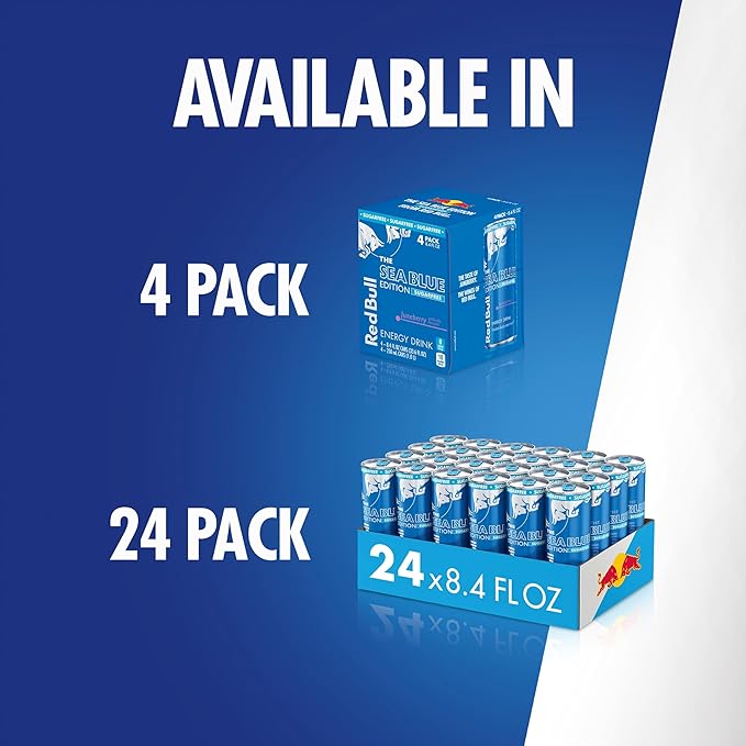 Red Bull Sea Blue Edition Sugar-Free Energy Drink, Juneberry, with 80mg Caffeine plus Taurine & B Vitamins, 8.4 Fl Oz, Pack of 4 Cans