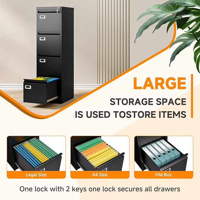 4 Drawer File Cabinet with Lock Metal Filling Cabinet Vertical Locking File Cabinets for Home Office to Hanging F4/A4 SizeA4 Legal/Letter Size, Assembly Required,Black