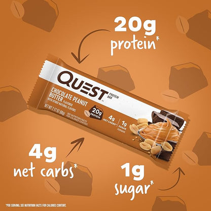 Quest Nutrition Chocolate Peanut Butter Bars, 20g Protein, 1g Sugar, 4g Net Carb, Gluten Free, Keto Friendly, 12 Count