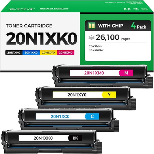 20N1XK0 20N1XC0 20N1XM0 20N1XY0 Toner Cartridge Set 4-Pack with chip High Yield Replacement Compatible with Lexmark Color CS331dw CS431dw CX331adwe CX431adw Laser Printer Ink Black Cyan Magenta Yellow