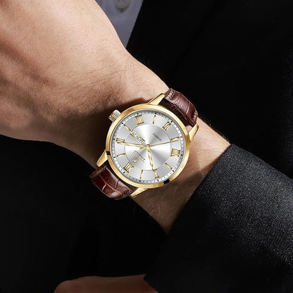 Mens Watches Luxury Dress Waterproof Leather Watch with Date Day Analog Quartz Large Number Wrist Watch Casual Classic Luminous Scales Big Face Easy Read Reloj para Hombre