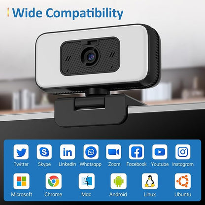 2K Webcam for PC/Laptop/Mac with Light, USB Computer Camera with Microphone for Desktop Monitor 【Focus in Shared or Home Space】 Auto Anti-Disturb Backlight, Zoom, Flip, Plug & Play